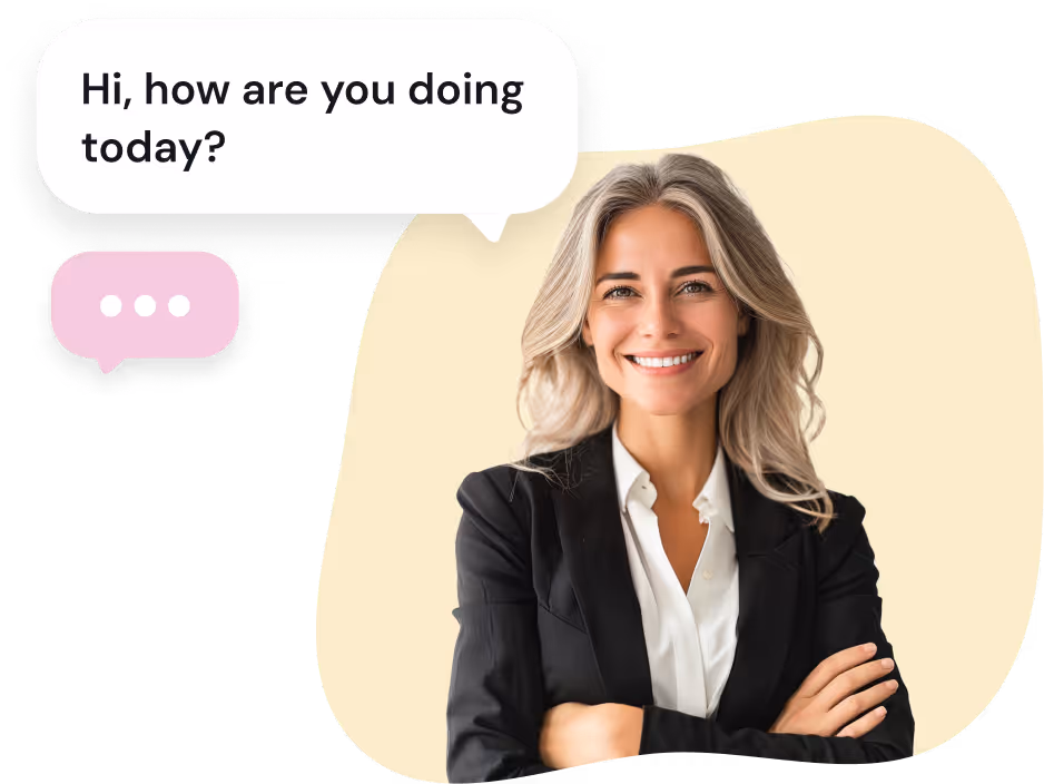 Professional woman smiling in a black blazer with a chat bubble saying 'Hi, how are you doing today?' representing customer support or live chat.