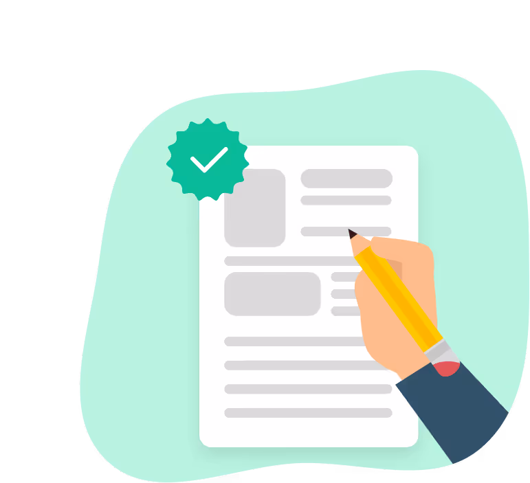 Illustration of a hand holding a pencil and completing a document with a green checkmark indicating approval.