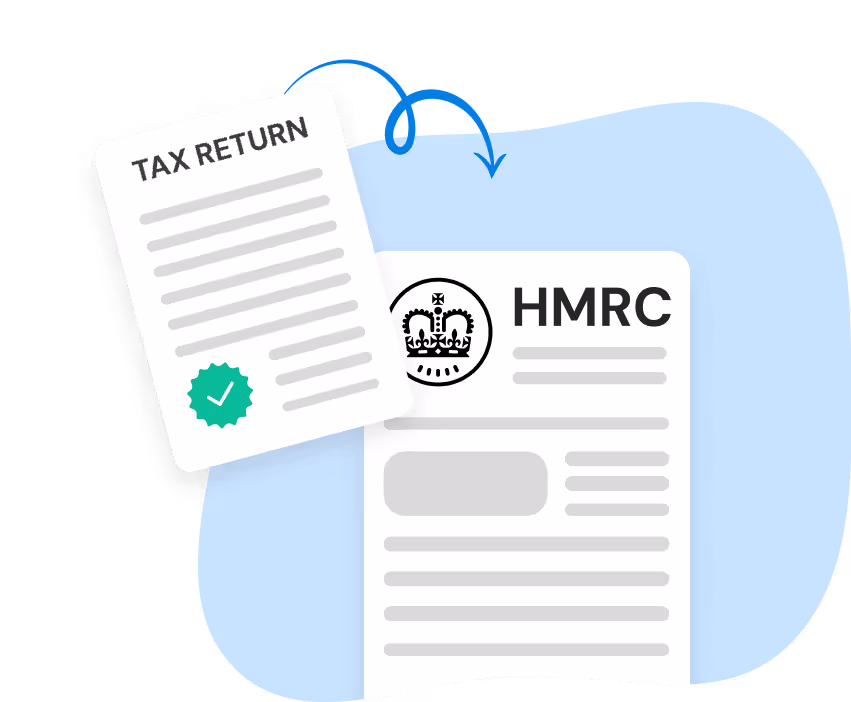 Illustration of a tax return form being sent to HMRC, with an arrow connecting the two documents.