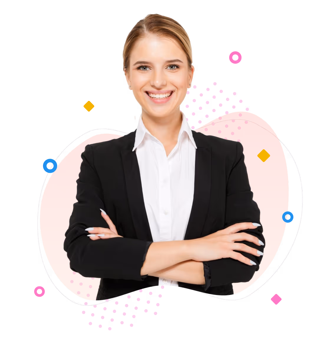 Professional woman in a black suit with arms crossed, smiling confidently on a dark background with colorful abstract shapes.