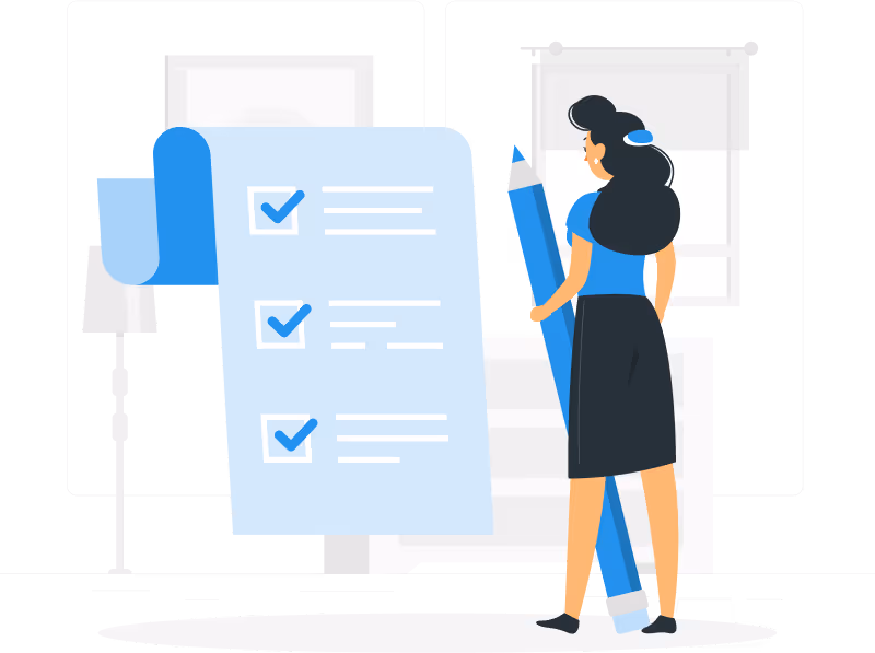 Illustration of a woman holding a large pencil and checking off items on a long checklist, symbolizing task completion or planning.