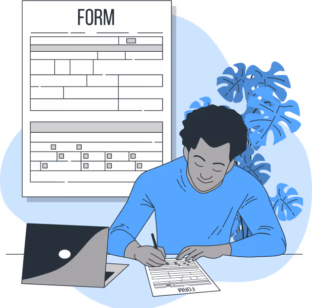 Illustration of a person filling out a form at a desk with a laptop, representing paperwork or tax form completion.
