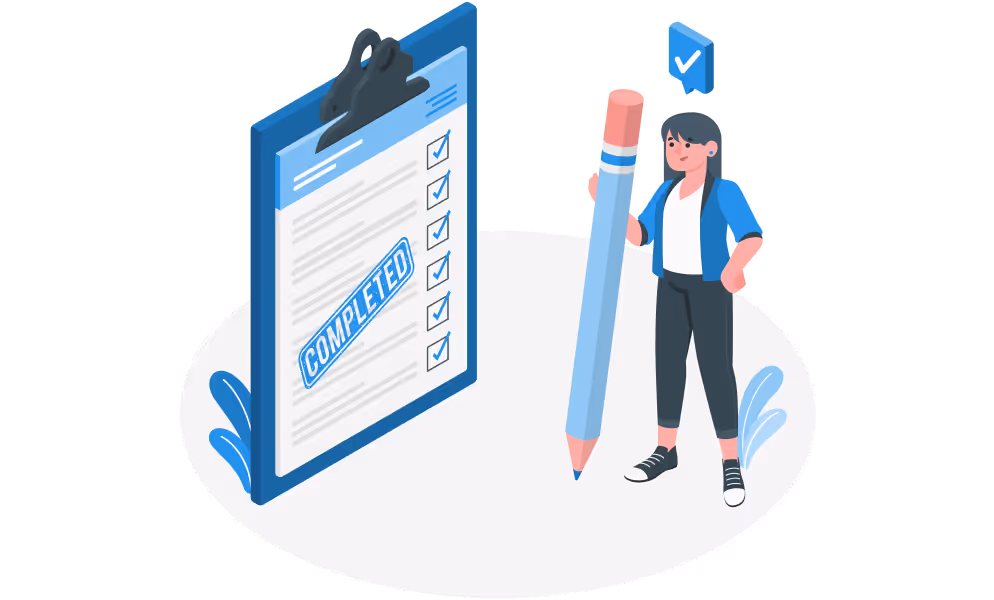Illustration of a woman standing next to a giant checklist on a clipboard, holding a large pencil with checkmarks on all items.