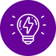 White lightbulb with a lightning bolt inside on a purple circle background.