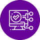 White computer screen icon with a heart and connection nodes on a purple circular background.