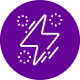 White lightning bolt icon surrounded by small dots in a purple circle.