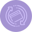 Two white angled brackets facing each other inside a circular outline on a purple background.