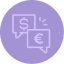 Chat bubbles with dollar and euro currency symbols indicating currency exchange or global finance.
