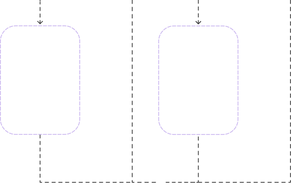 Diagram showing two rounded rectangles connected by dashed vertical and horizontal lines with arrows pointing downward.