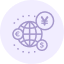 Icon of a globe with network nodes and three currency symbols representing global finance connections.
