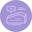 Icon showing a market analysis with a bar chart and a speech bubble containing a check mark inside a purple circle.