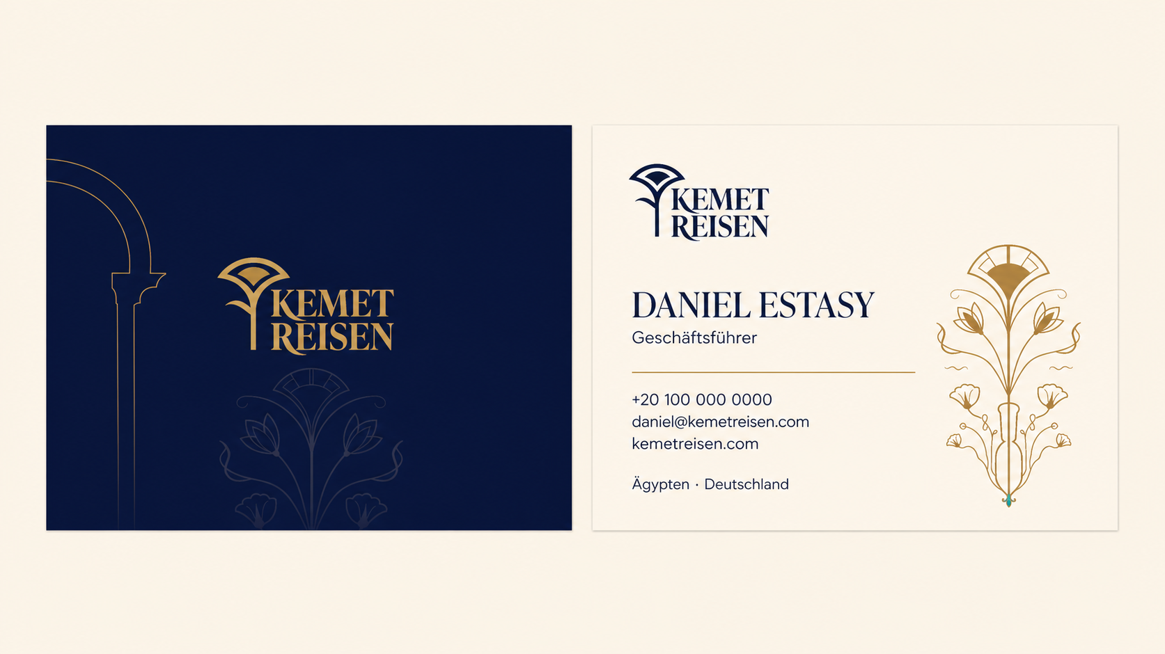 Navy and cream KEMET Reisen business cards using approved logo variations and the signature ornament.