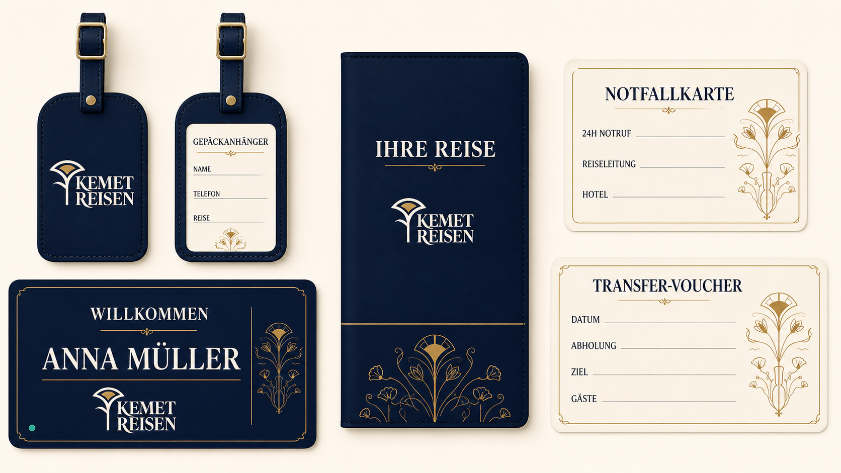 KEMET Reisen German travel essentials including luggage tag, document wallet, emergency card, pickup sign, and transfer voucher.