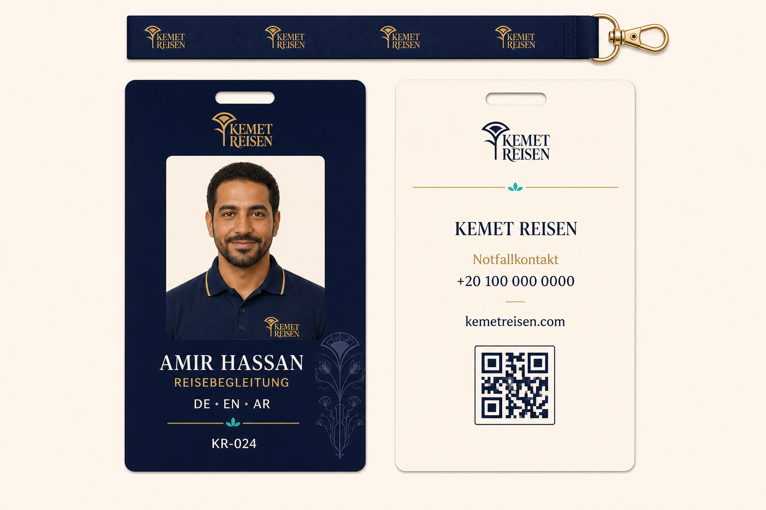KEMET Reisen tour-guide identification and lanyard system designed for clear guest recognition.