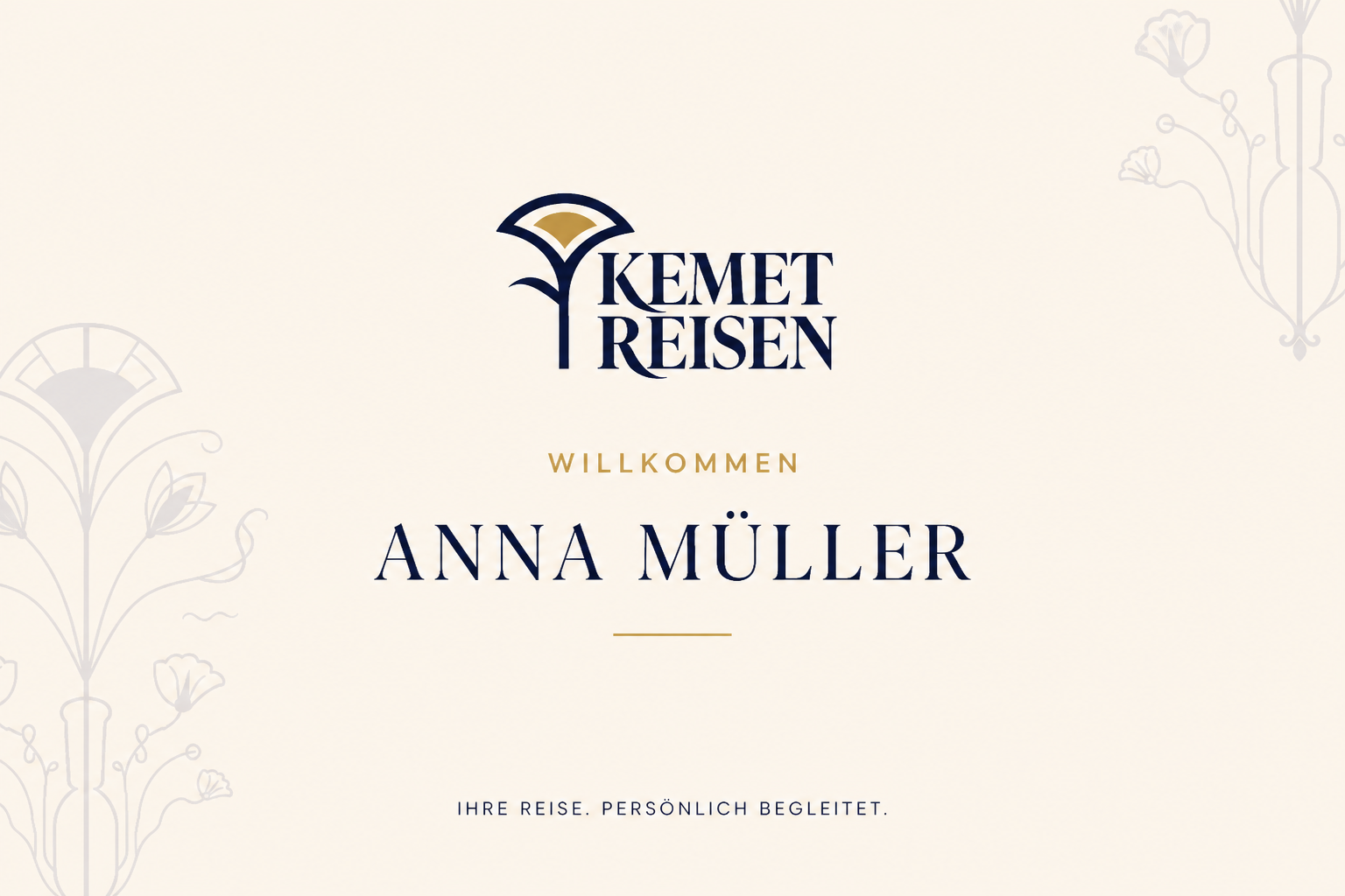 Personalized KEMET Reisen welcome card using a restrained translucent Art Nouveau pattern.