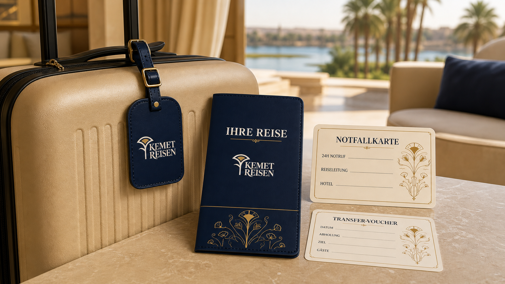 KEMET Reisen luggage tag, journey wallet, emergency card, and transfer voucher prepared for a German guest in Egypt.
