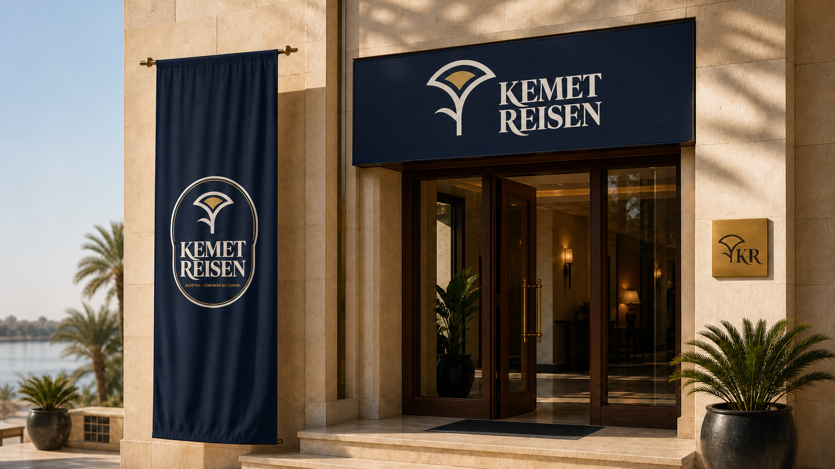 KEMET Reisen approved logo variations applied to an arrival banner, entrance sign, and brass plaque.