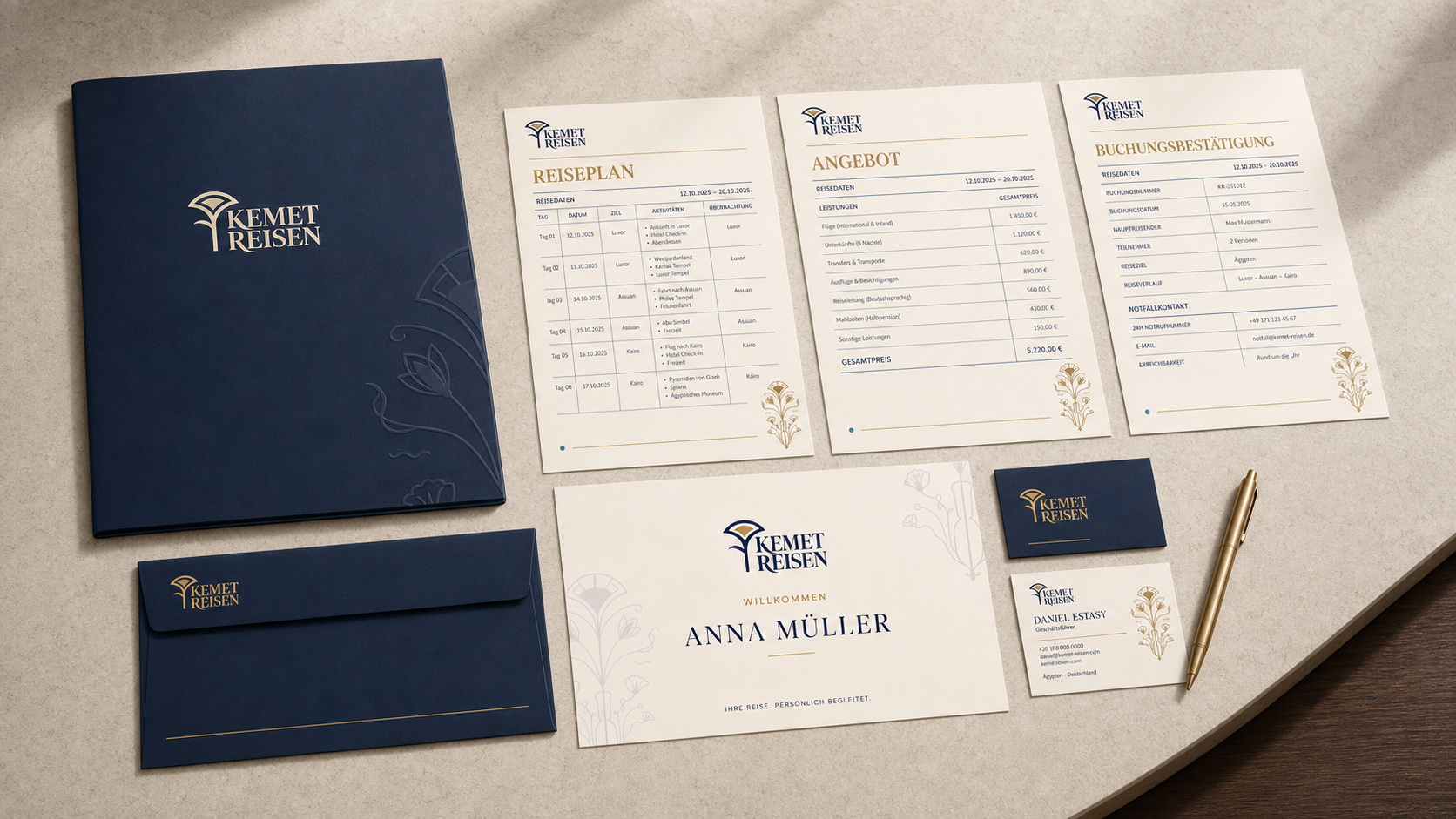 KEMET Reisen premium stationery with German travel documents, presentation folder, envelope, business cards, and welcome card.