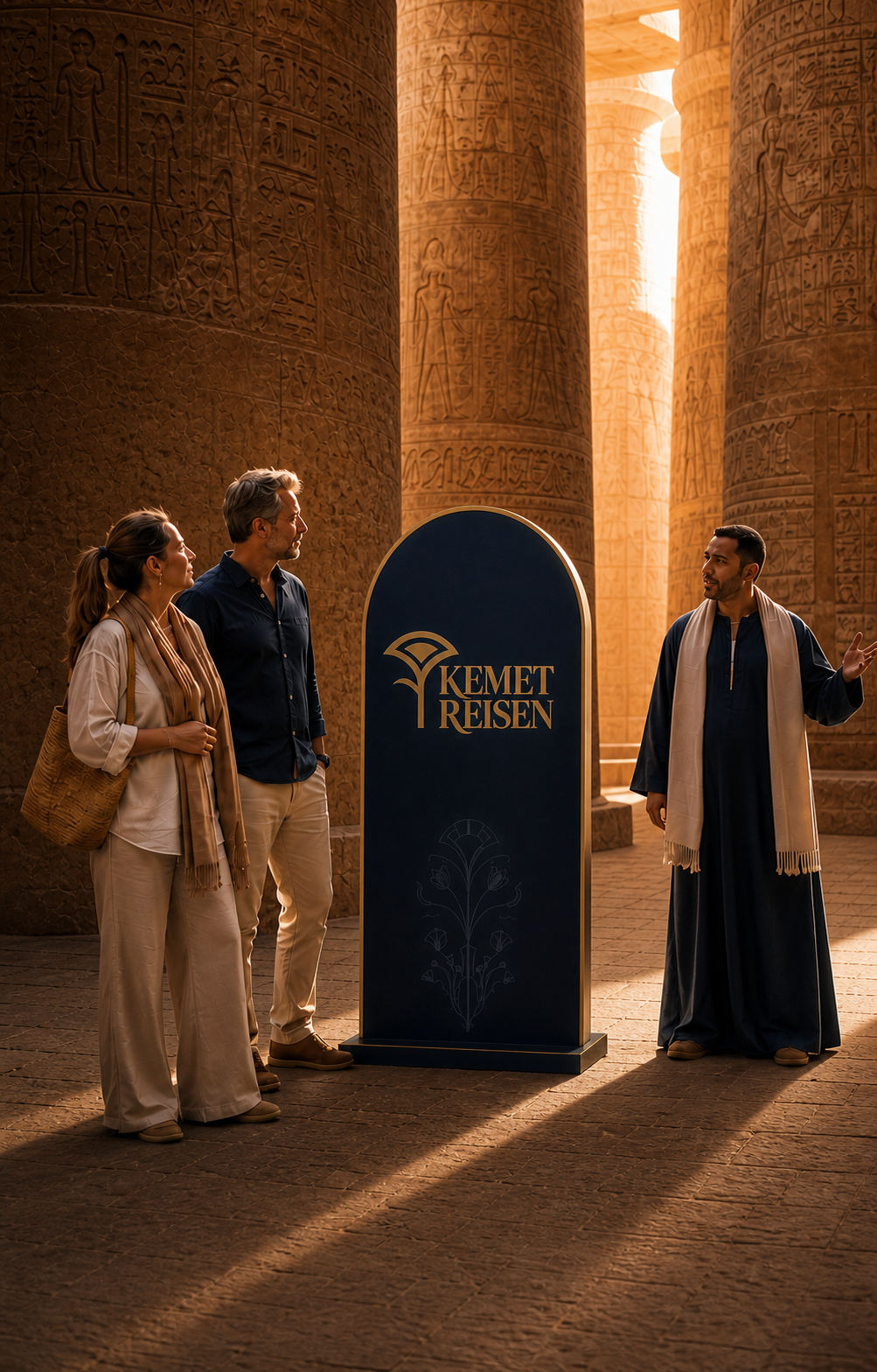 KEMET Reisen brand signage in an Egyptian temple, part of a full rebrand by iBrand Identity