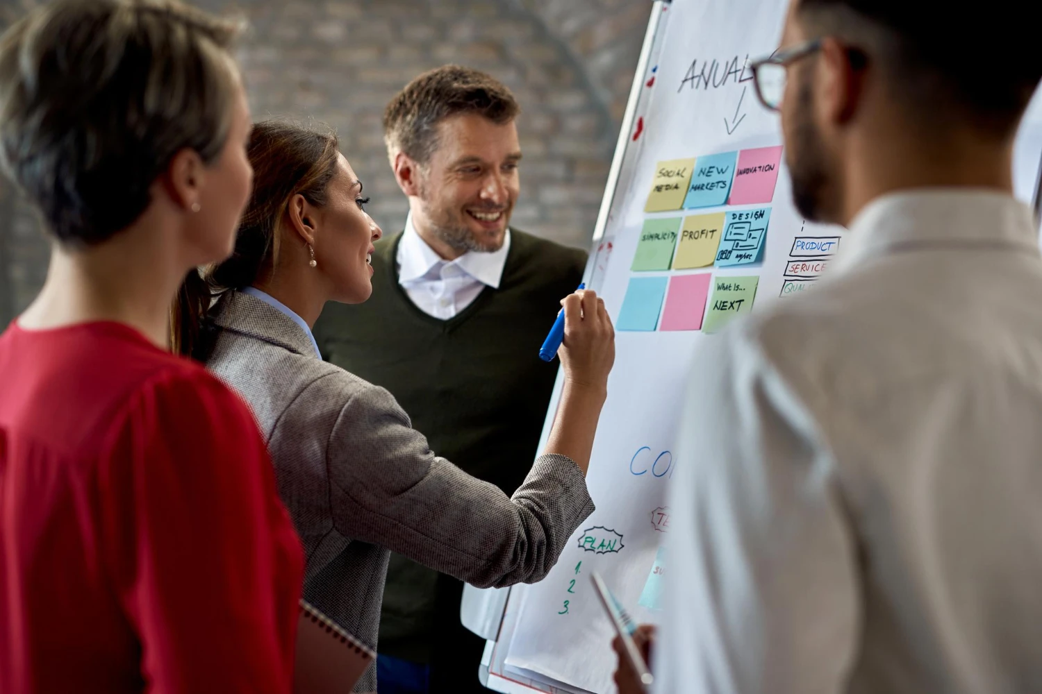 Team planning AI-powered email automation flow at whiteboard