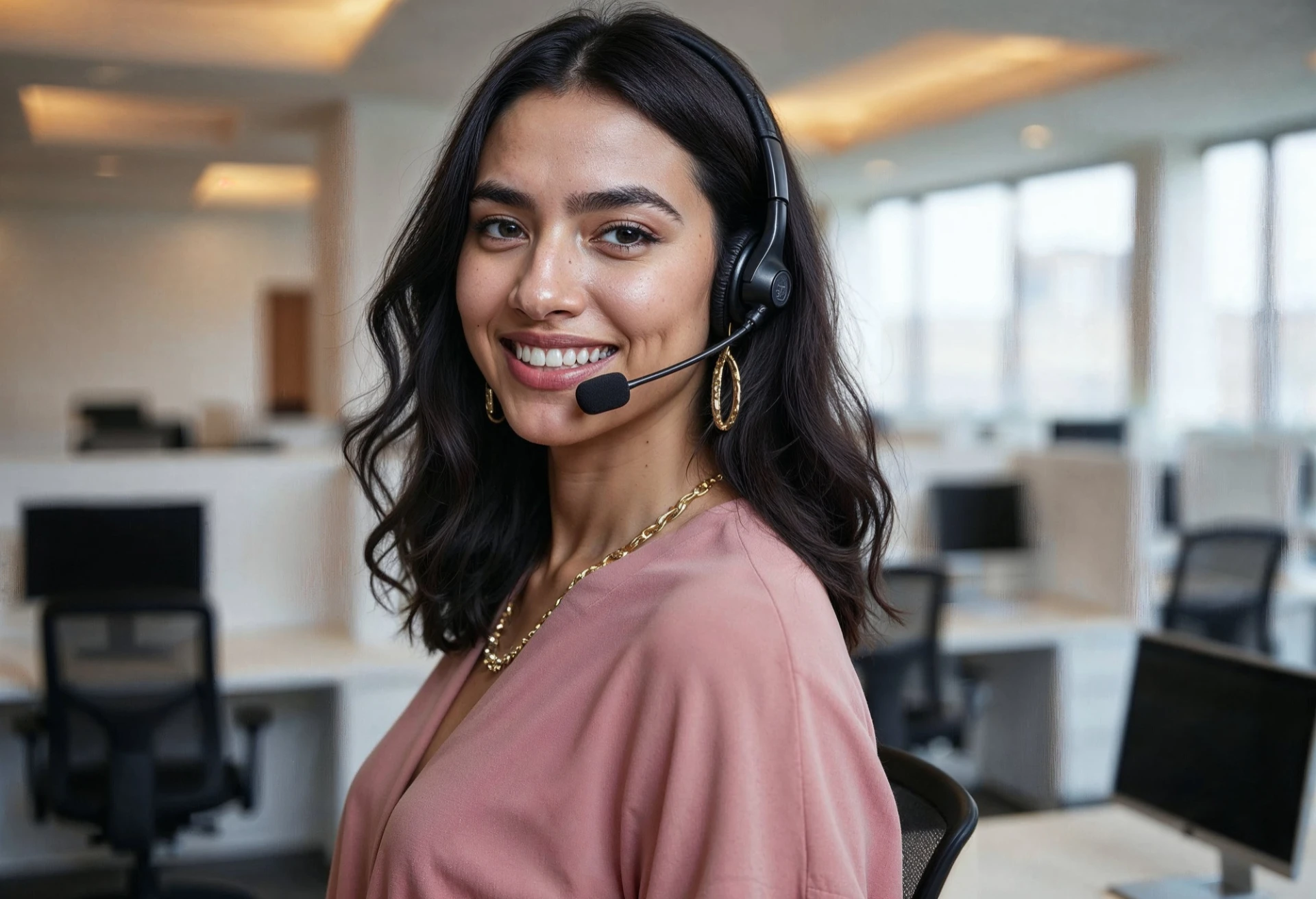 Call center rep smiling while helping a customer