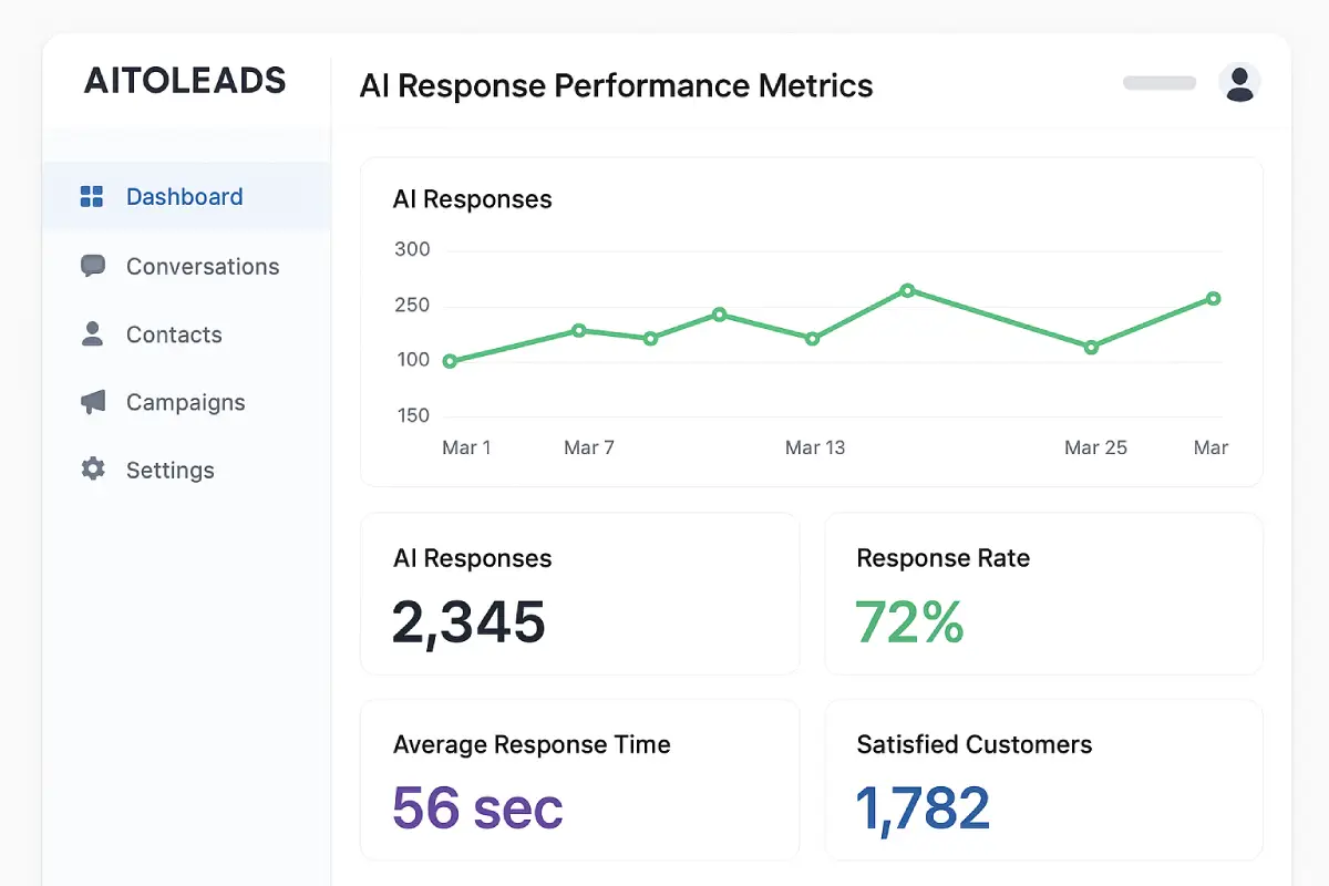 Aitoleads dashboard with AI response performance metrics