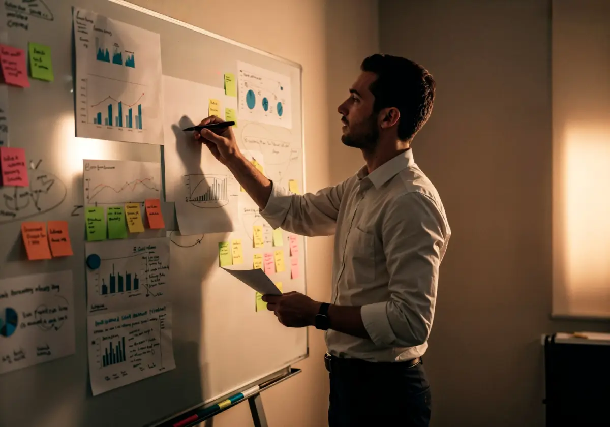 Marketing strategist reviewing campaign funnel map