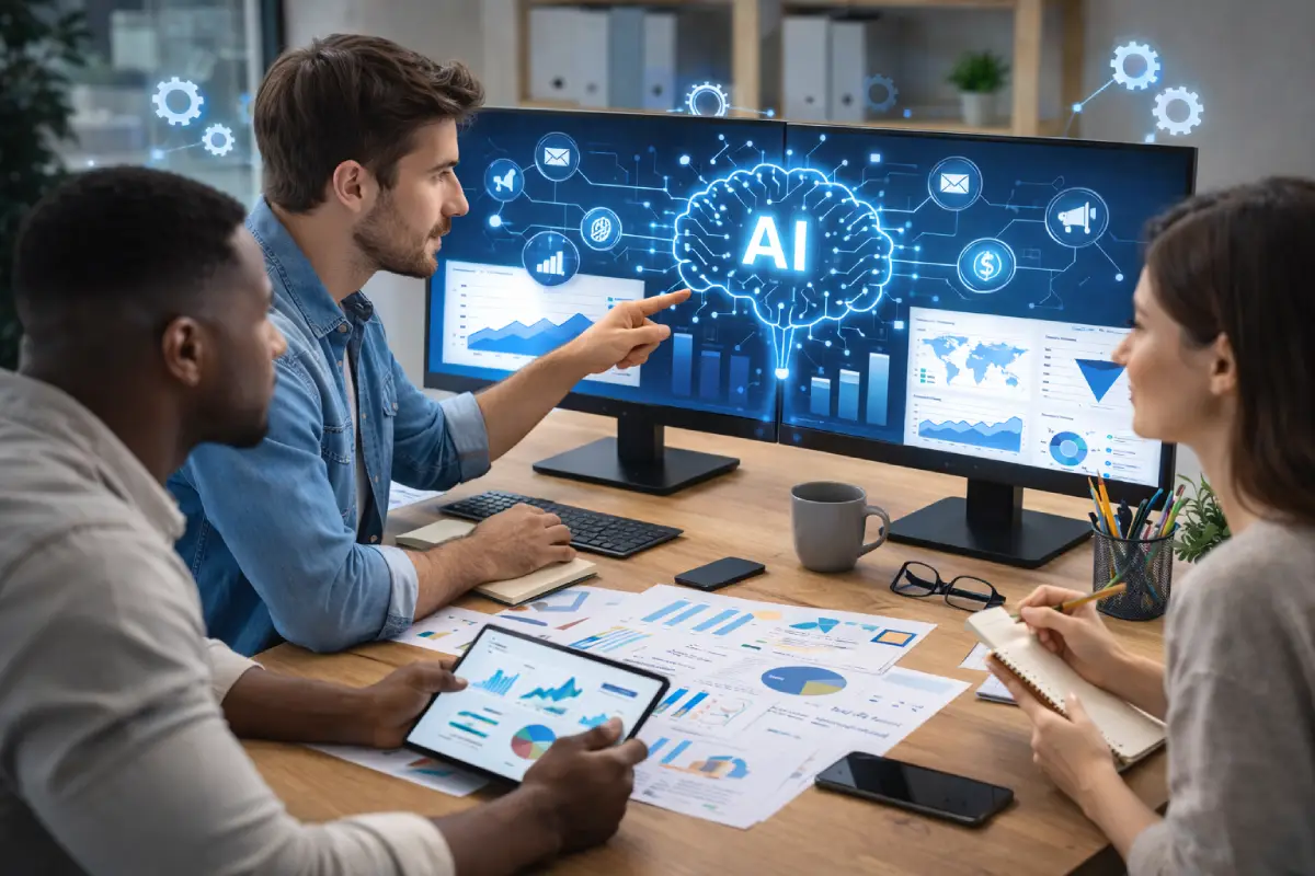 marketing professionals working with AI-driven marketing systems