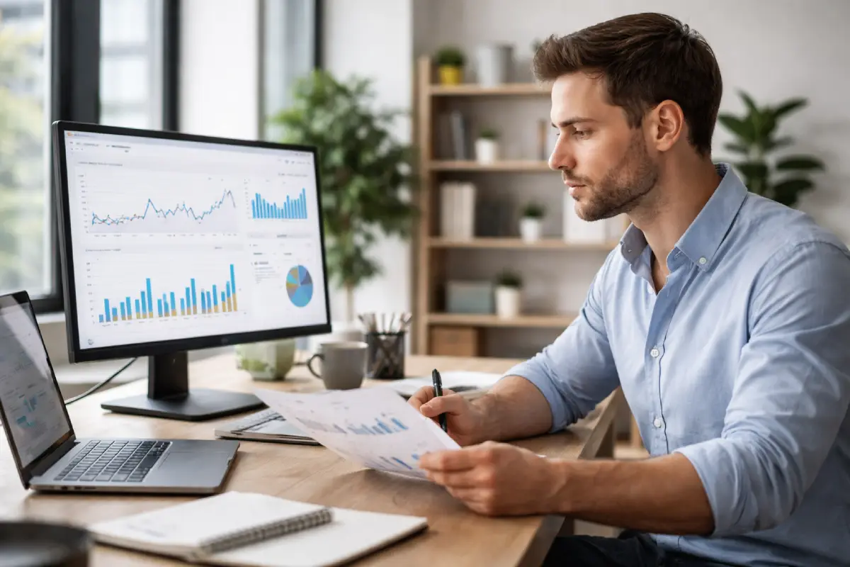 SEO professional reviewing ranking performance calmly