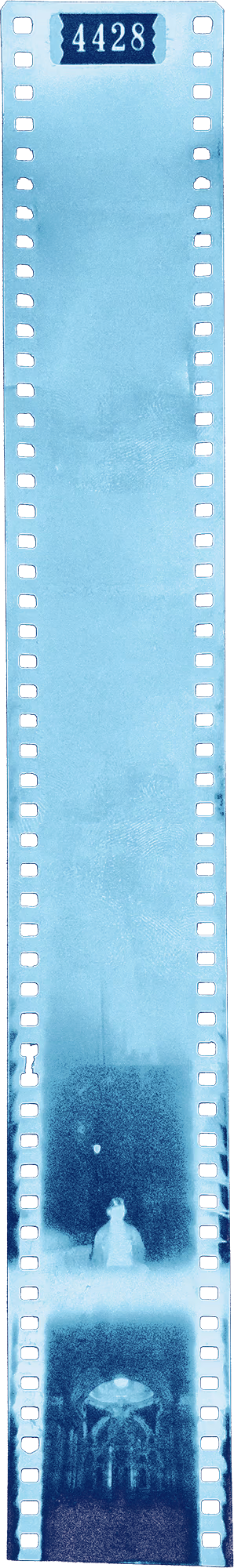 A negative of a film showing 2 shots: one is a boy standing in the night, another is a ceiling of a classical church. All the rest of the shots are overexposed