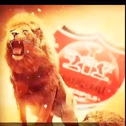 Roaring lion standing in front of a red and white circular logo with an animal figure.