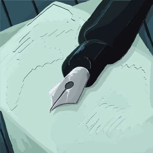 Close-up illustration of a black fountain pen nib resting on a crumpled piece of paper.