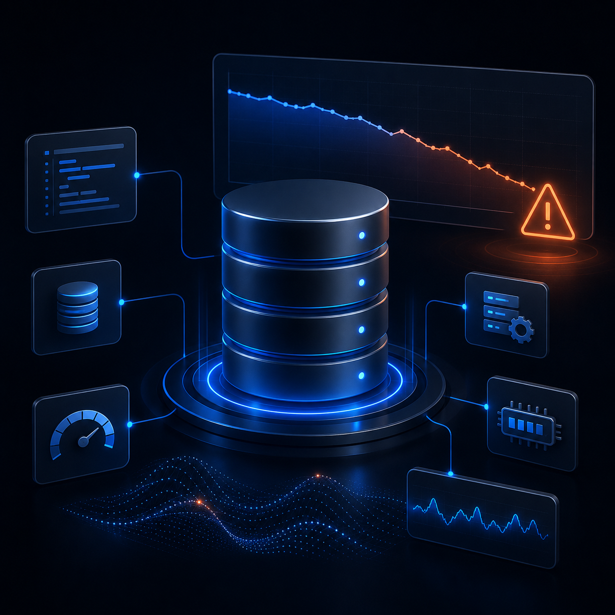 Isometric illustration of a database with connected performance signals, a declining trend graph and a warning indicator showing gradual performance degradation.