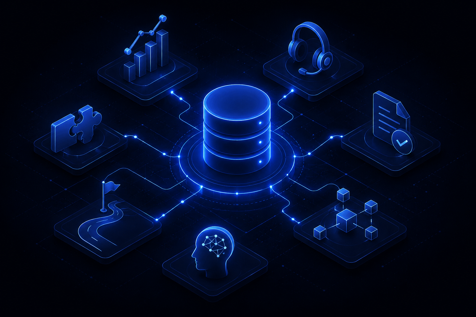 Isometric illustration of a central database platform connected to performance, support, licensing, integrations, expertise and future planning.