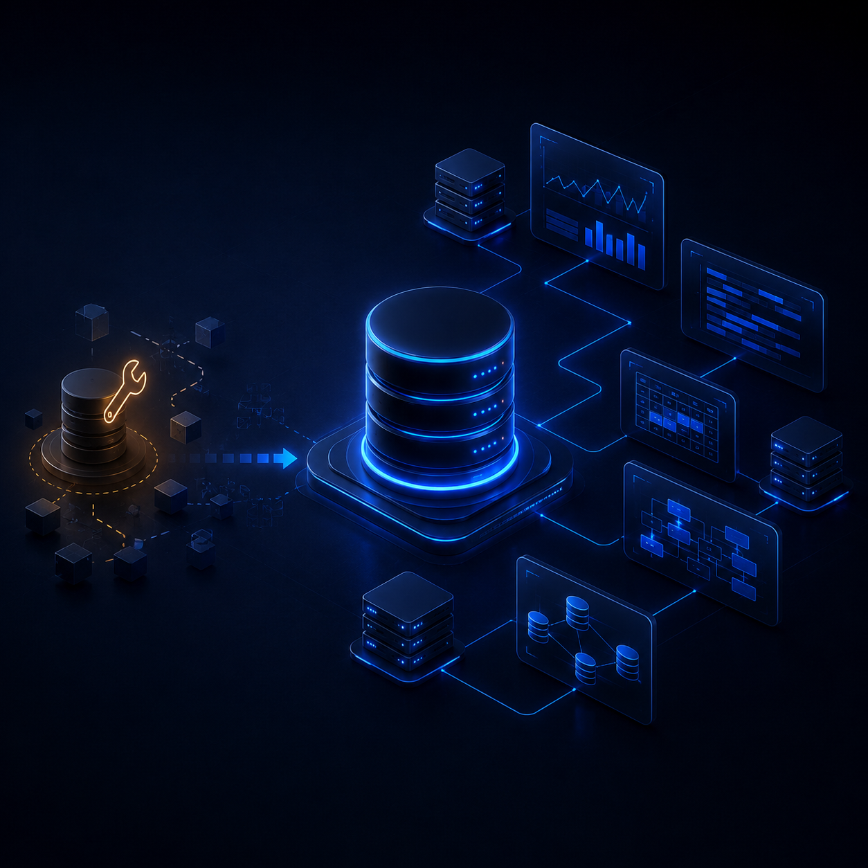 Isometric illustration of a database moving from a temporary fix toward structural performance analysis with connected dashboards, code, planning and system architecture views.