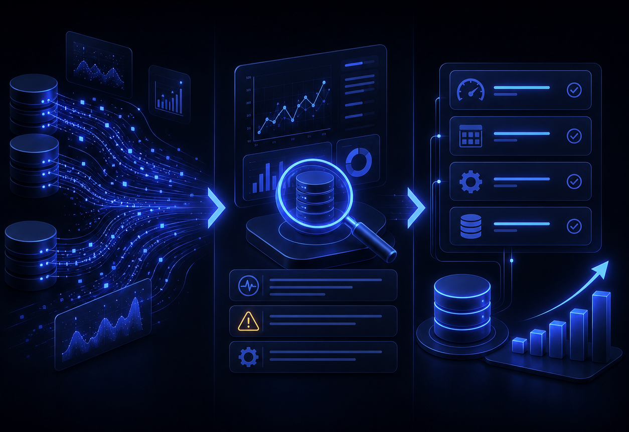 Isometric illustration showing database performance signals flowing into analysis and practical improvement actions, including optimization checks and performance outcomes.