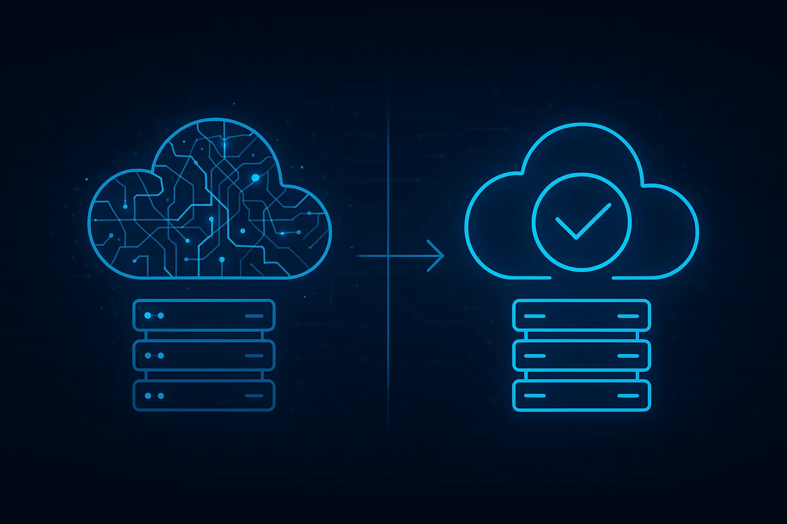 Illustration of server environments moving from complexity to a verified state