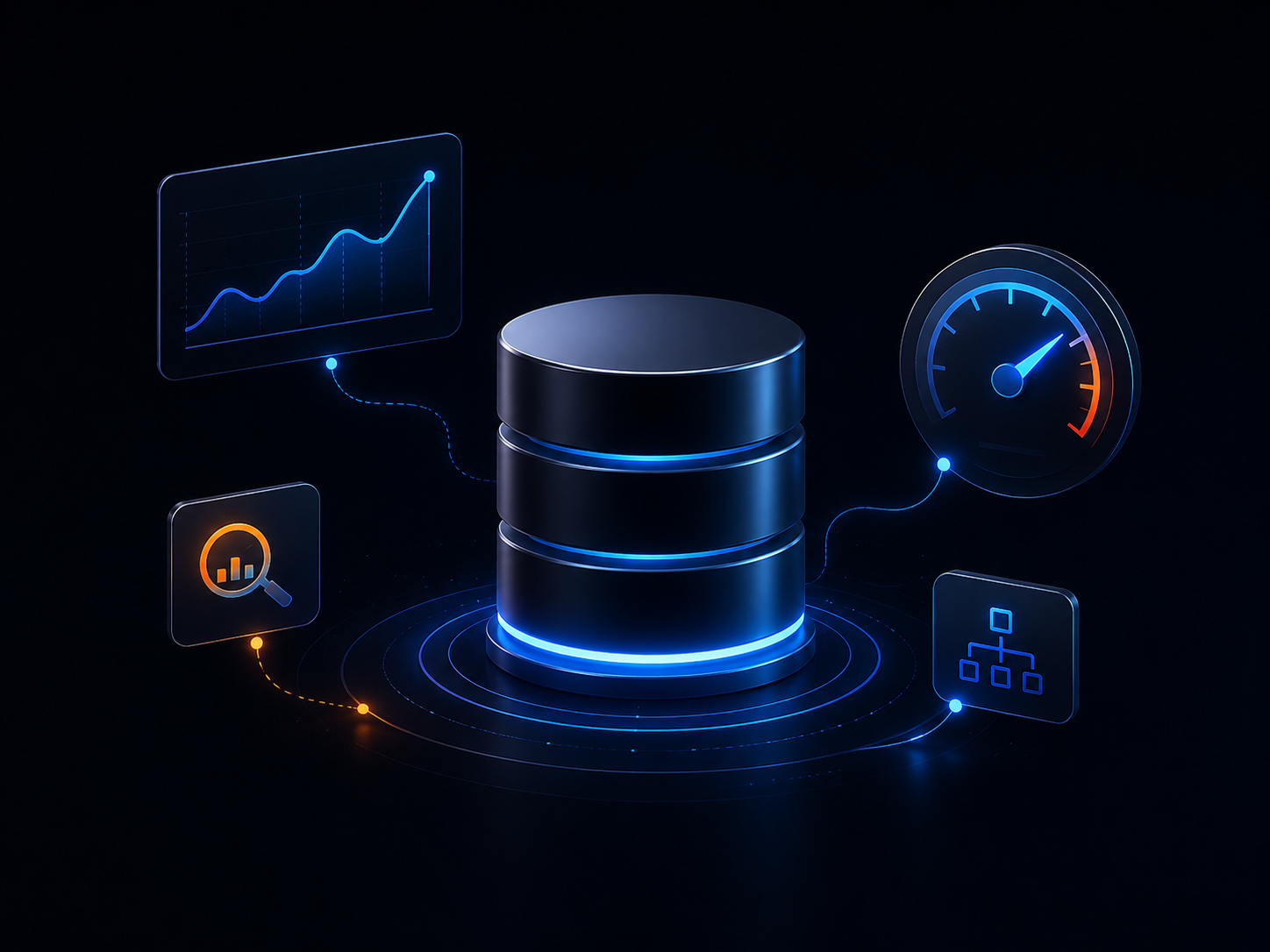 Isometric illustration of a database with performance indicators, analytics graphs and speed metrics for database optimization.