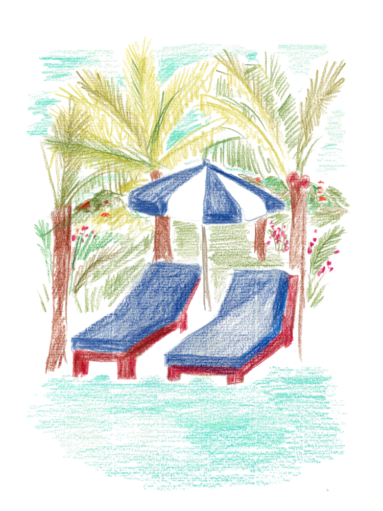 Illustration of two sun loungers and a parasol under the palm trees at Gyp Sea Beach Club