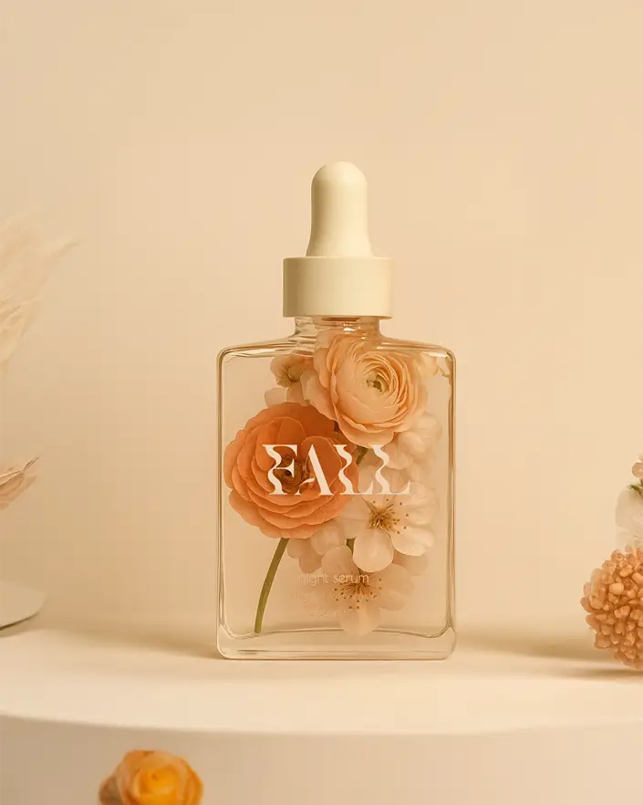 Bouteille de serum en verre avec des fleurs à l'intérieur
