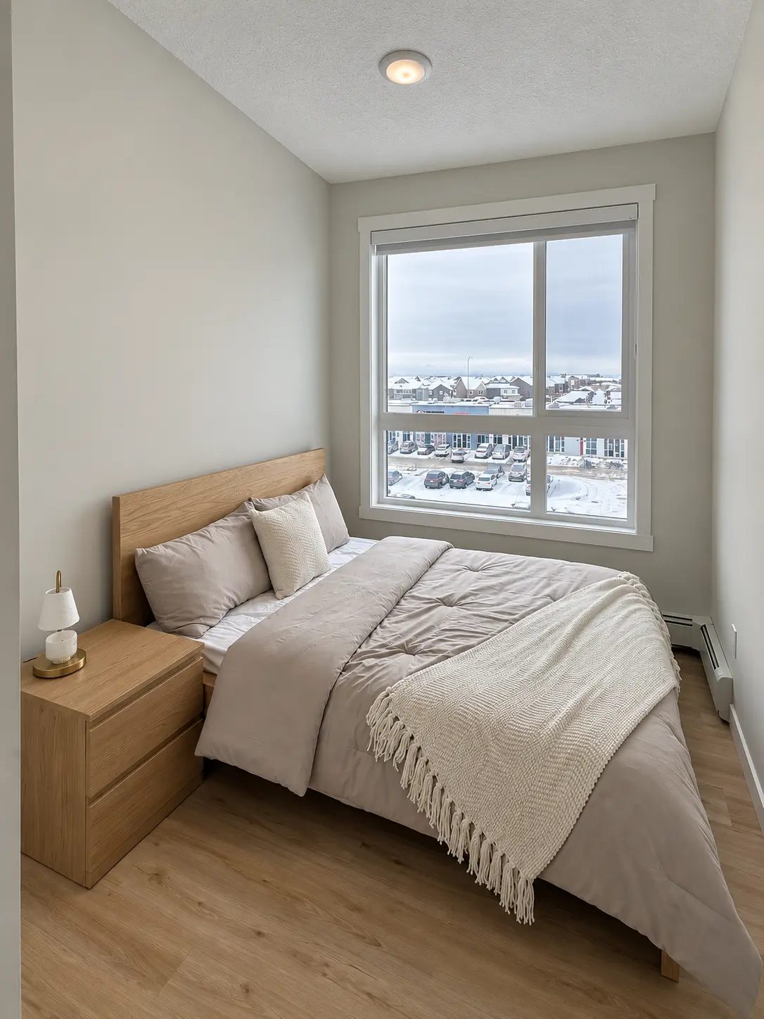 Bedroom with large window at Saddlepeace Village