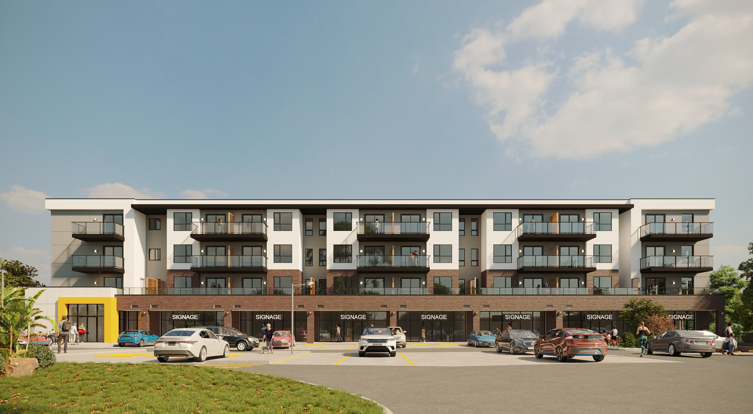 Saddlepeace Village exterior rendering — front building view