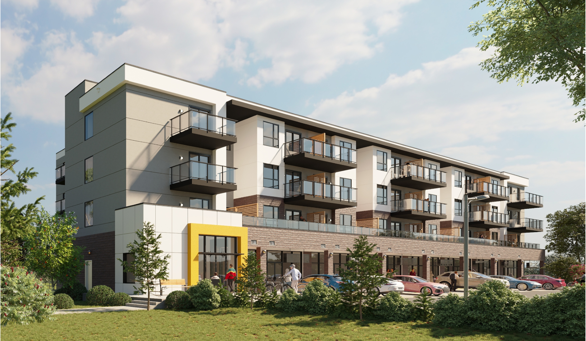 Saddlepeace Village exterior rendering — angled building view