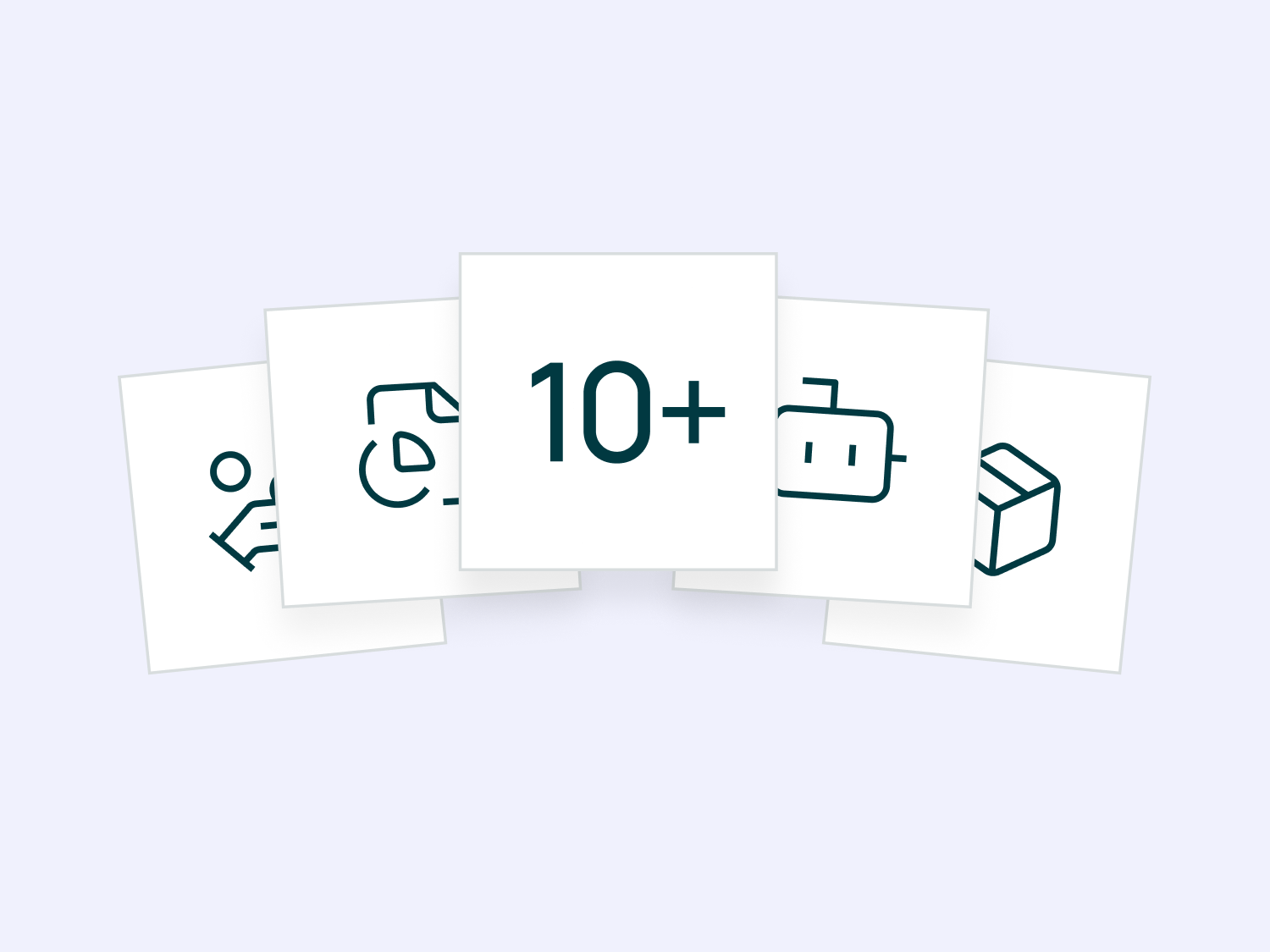 Five overlapping cards with icons, center card showing text '10+', other cards display various abstract symbols including a robot and a cube.