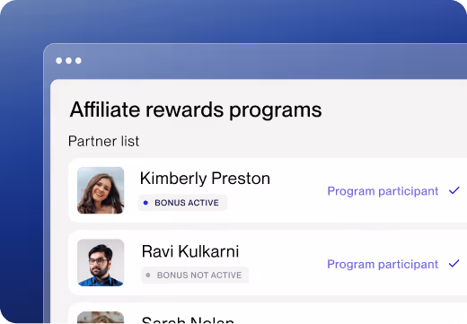 Affiliate rewards program partner list showing Kimberly Preston and Ravi Kulkarni with their bonus status and program participation.