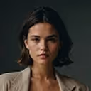 Portrait of a young woman with short dark hair against a light background.