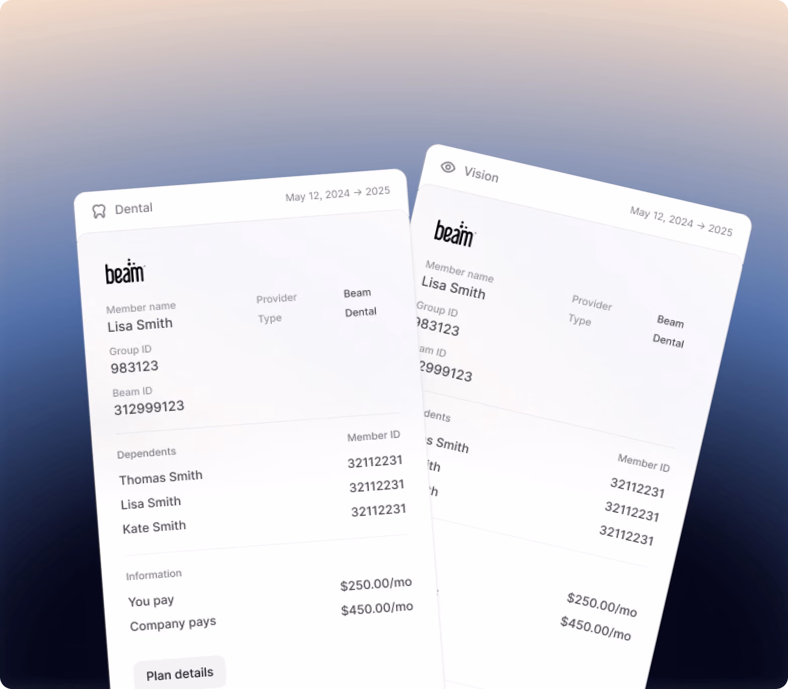 Two digital insurance cards, dental and vision, overlapping at an angle. Each shows the member name, provider, group and member IDs, covered dependents, coverage dates, and the monthly amounts paid by the employee and the company.