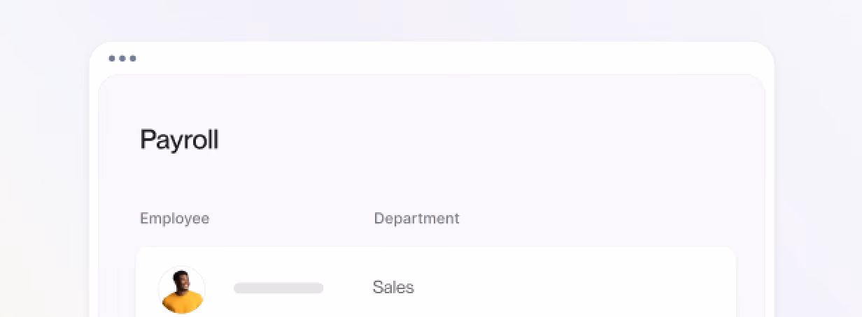 Payroll dashboard showing employee details with a photo and department labeled Sales.