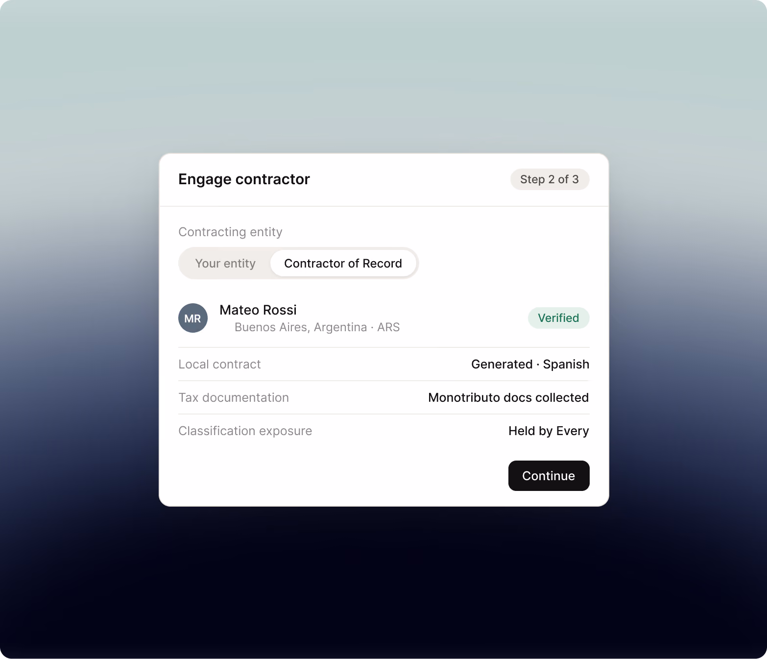 Contractor engagement flow with entity toggle set to Contractor of Record for a contractor in Argentina