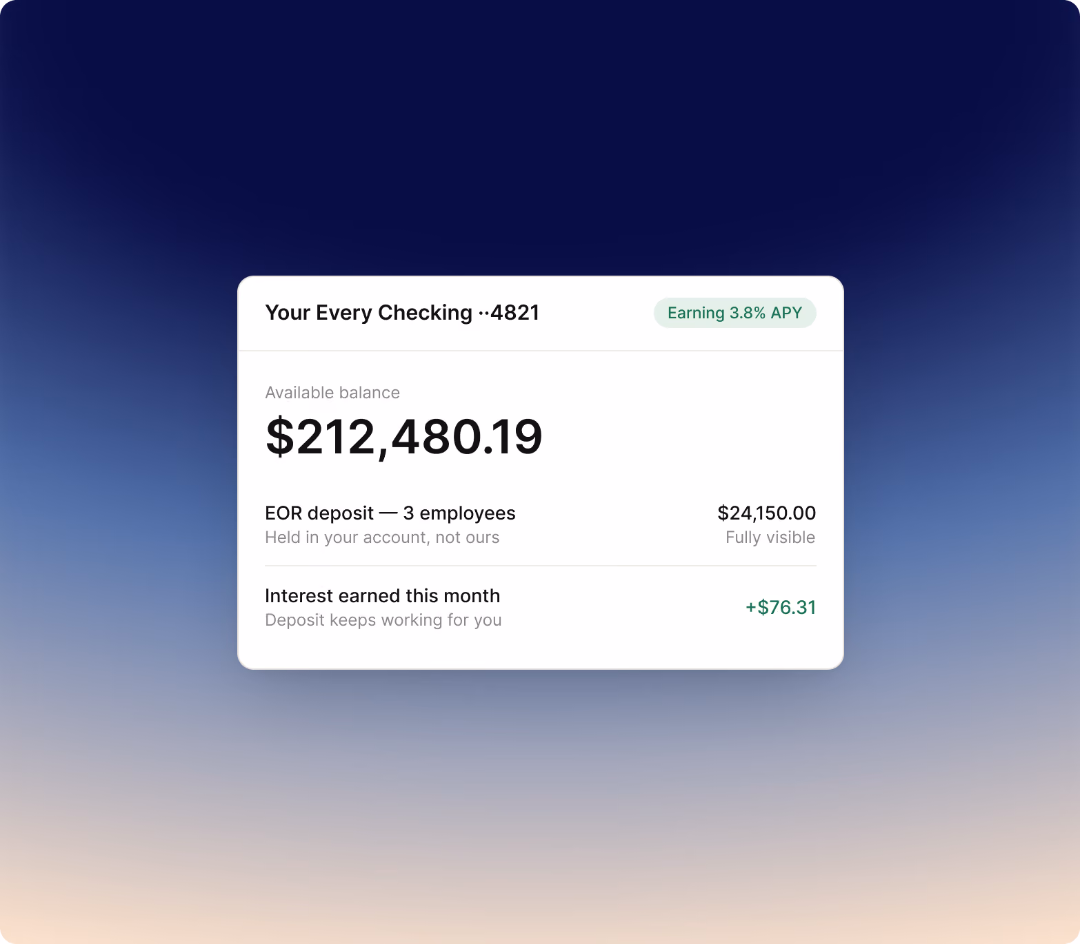 Every checking account showing an EOR deposit held visibly in the customer's own account and earning interest
